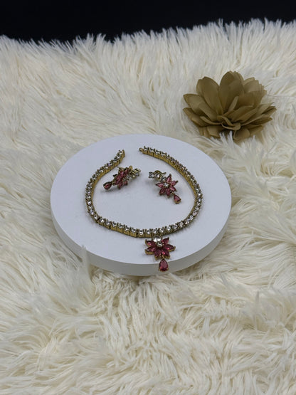 Pink Floral American Diamond Necklace Set with Earrings