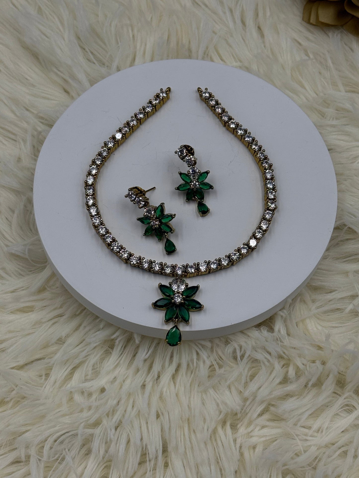 Green Floral American Diamond Necklace Set with Earrings