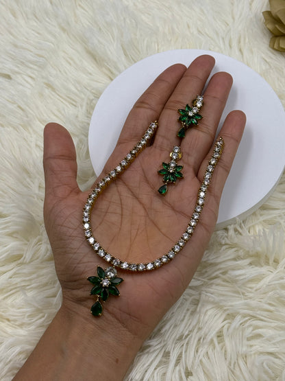 Green Floral American Diamond Necklace Set with Earrings
