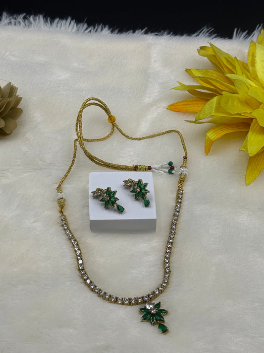 Green Floral American Diamond Necklace Set with Earrings