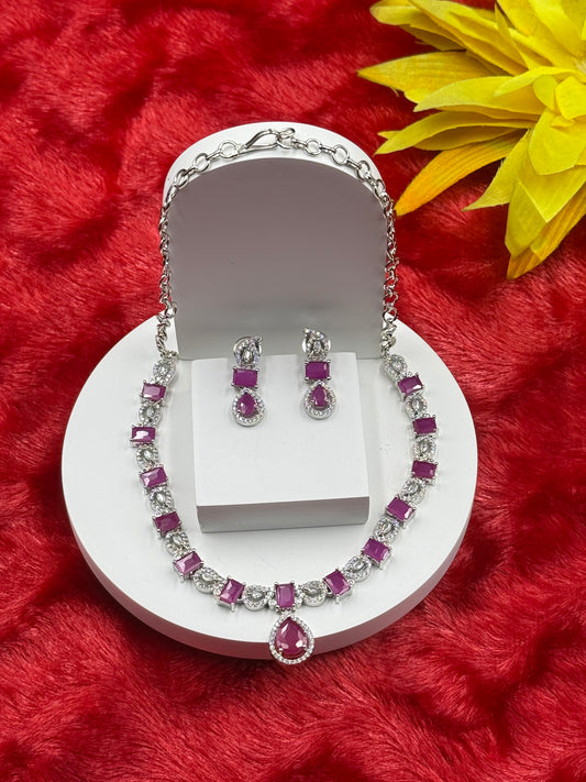 Ruby Red American Diamond Necklace Set with Earrings