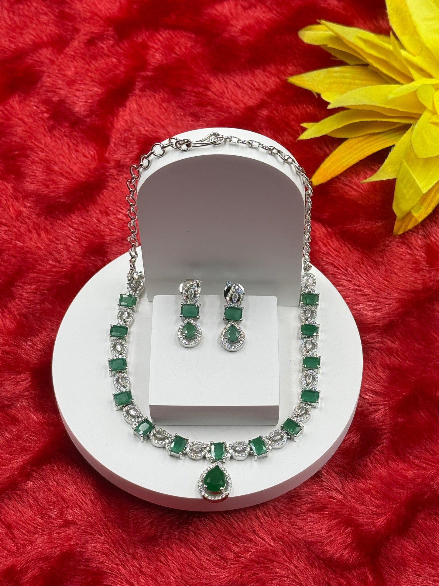 Emerald Green American Diamond Necklace Set with Earrings