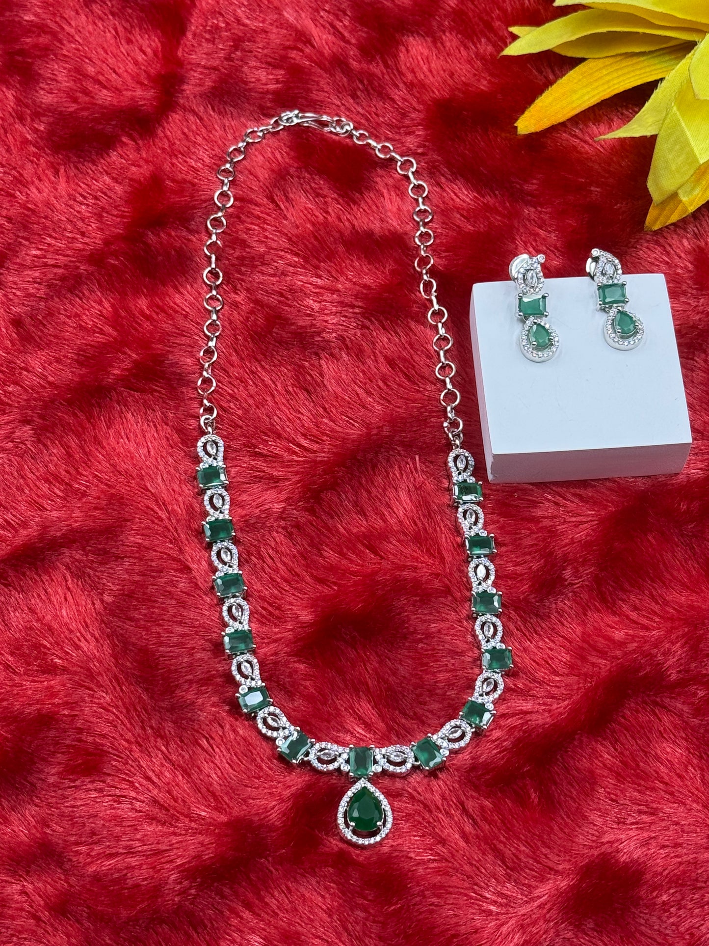 Emerald Green American Diamond Necklace Set with Earrings