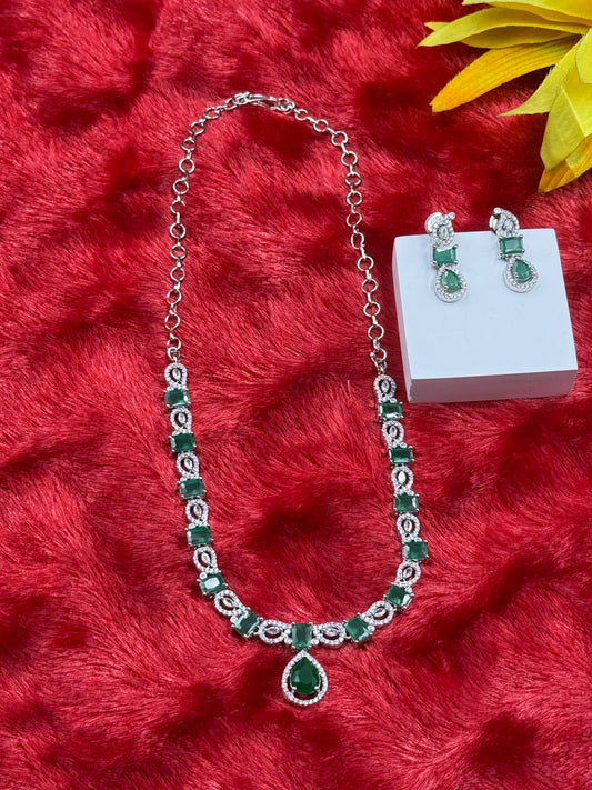 Emerald Green American Diamond Necklace Set with Earrings