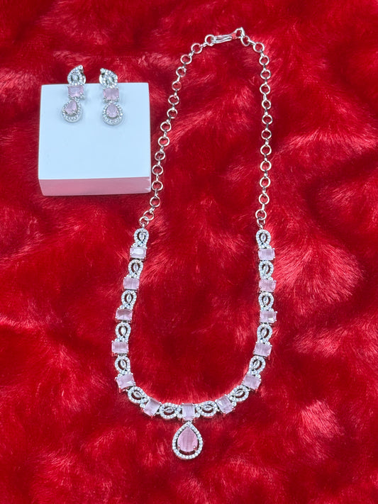 Baby Pink American Diamond Necklace Set with Earrings