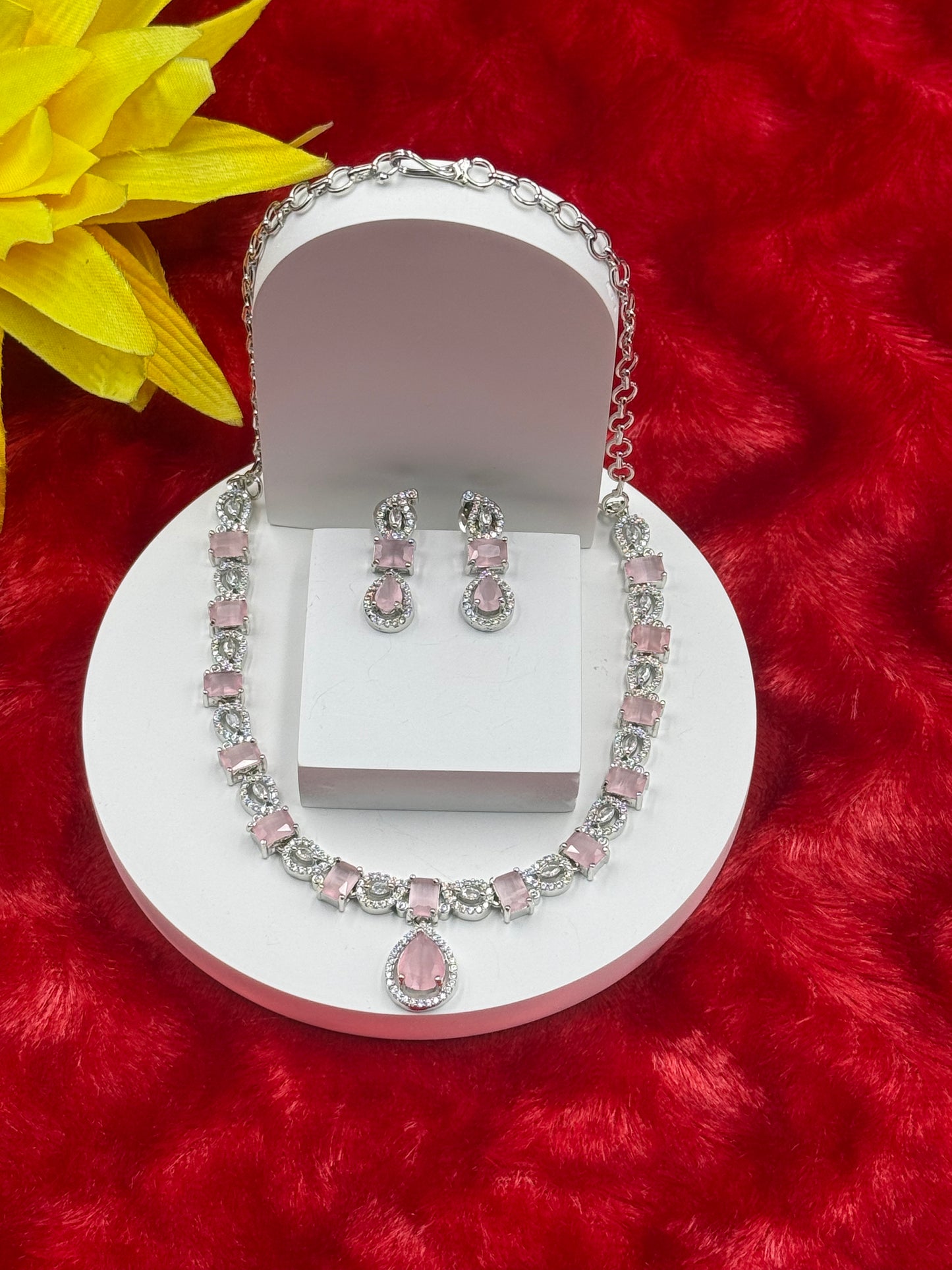 Baby Pink American Diamond Necklace Set with Earrings
