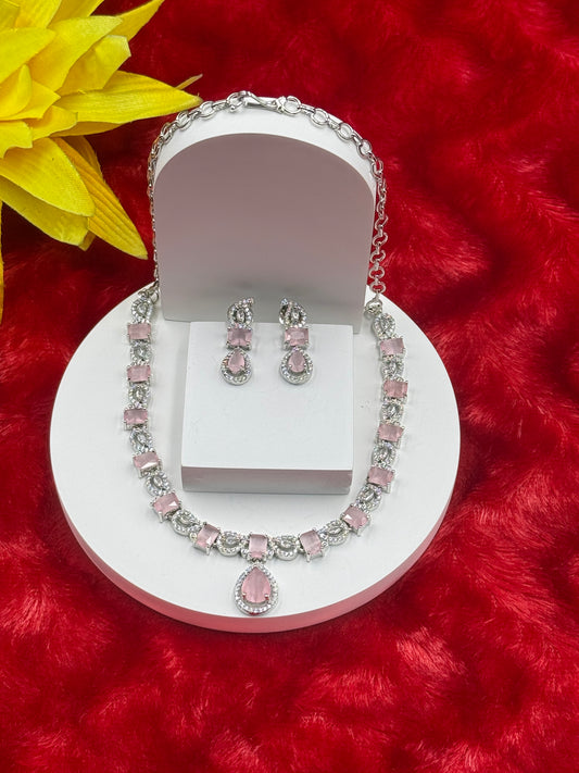 Baby Pink American Diamond Necklace Set with Earrings