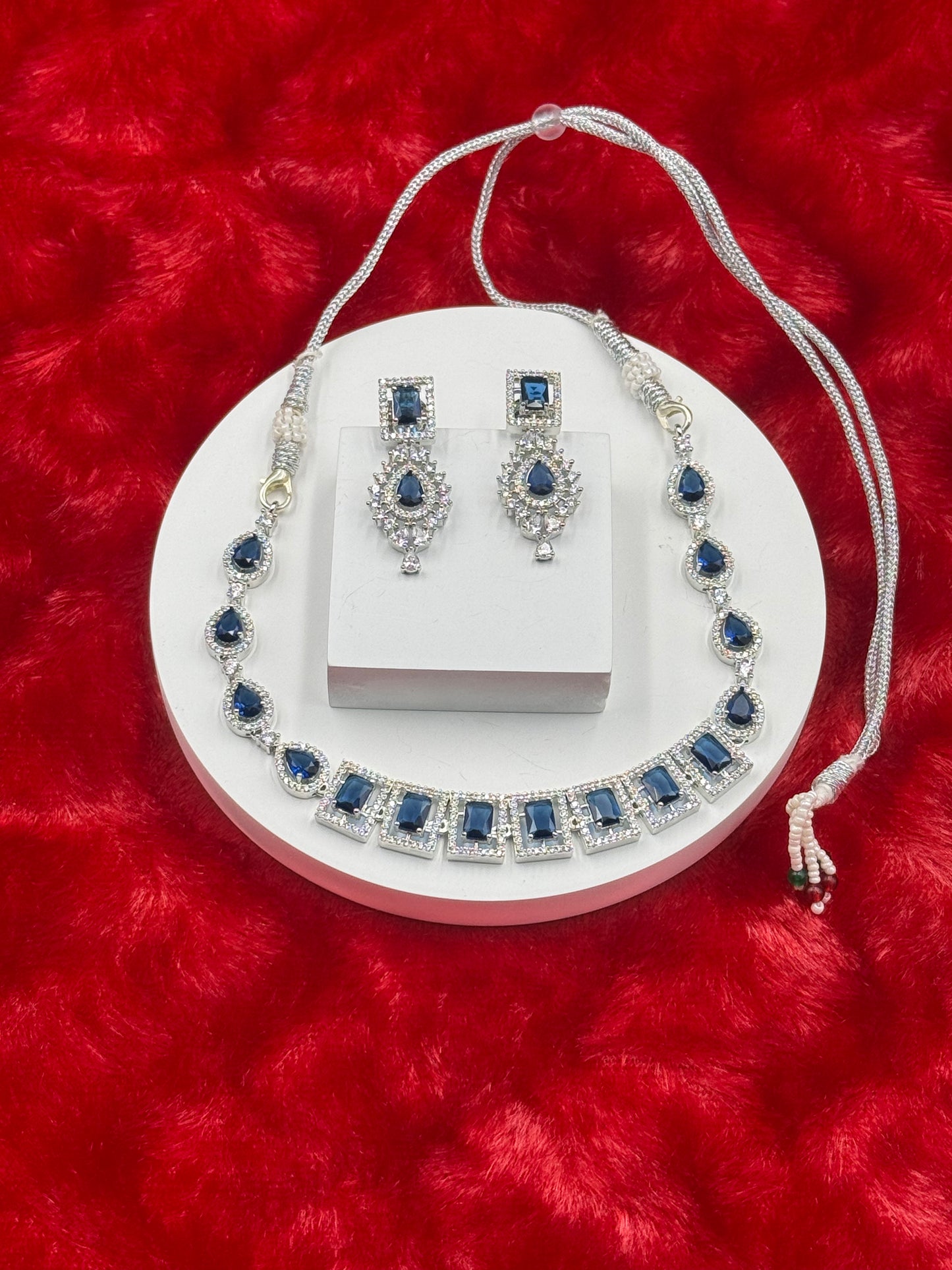 Royal Blue American Diamond Necklace Set with Earrings