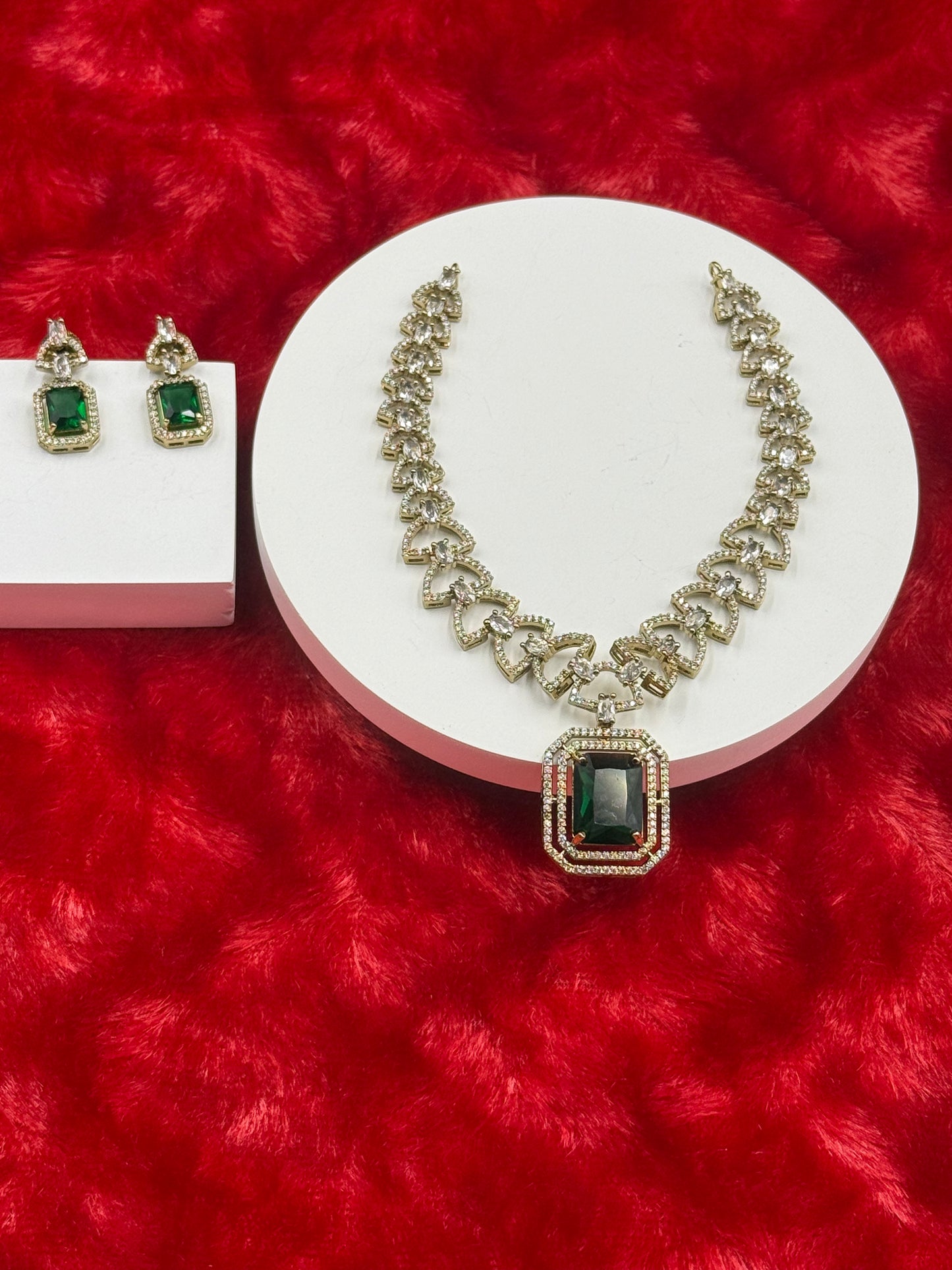 Emerald Green American Diamond Necklace Set with Earrings