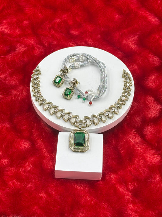 Emerald Green American Diamond Necklace Set with Earrings