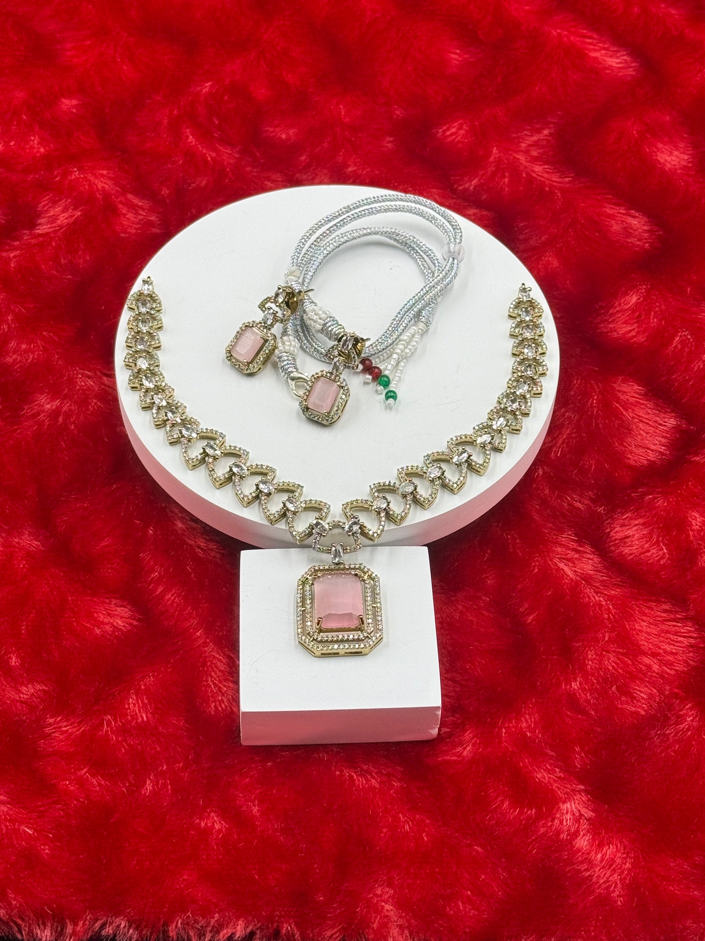 Baby Pink American Diamond Necklace Set with Earrings