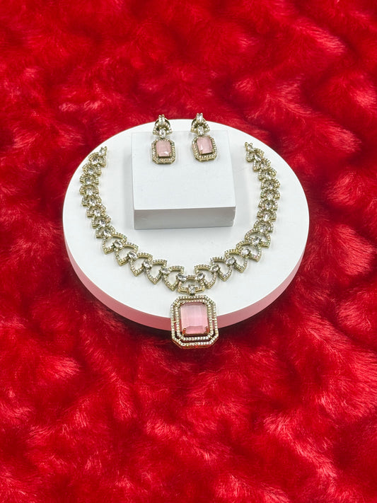 Baby Pink American Diamond Necklace Set with Earrings