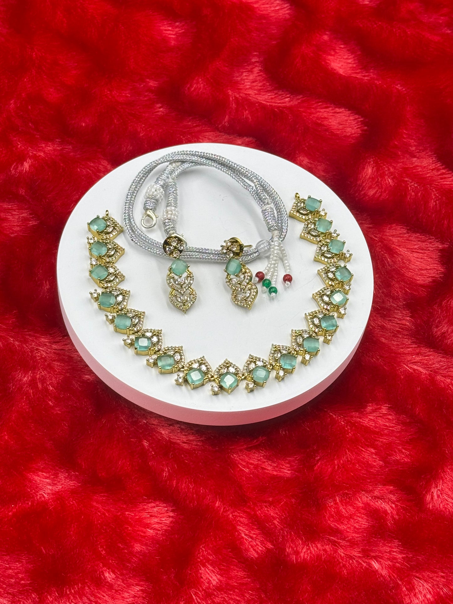 Emerald Green American Diamond Necklace Set with Earrings