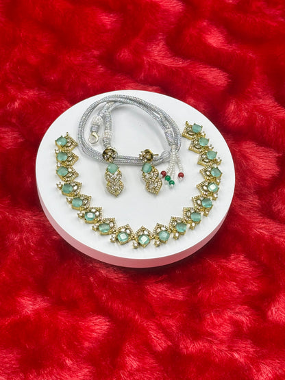 Emerald Green American Diamond Necklace Set with Earrings