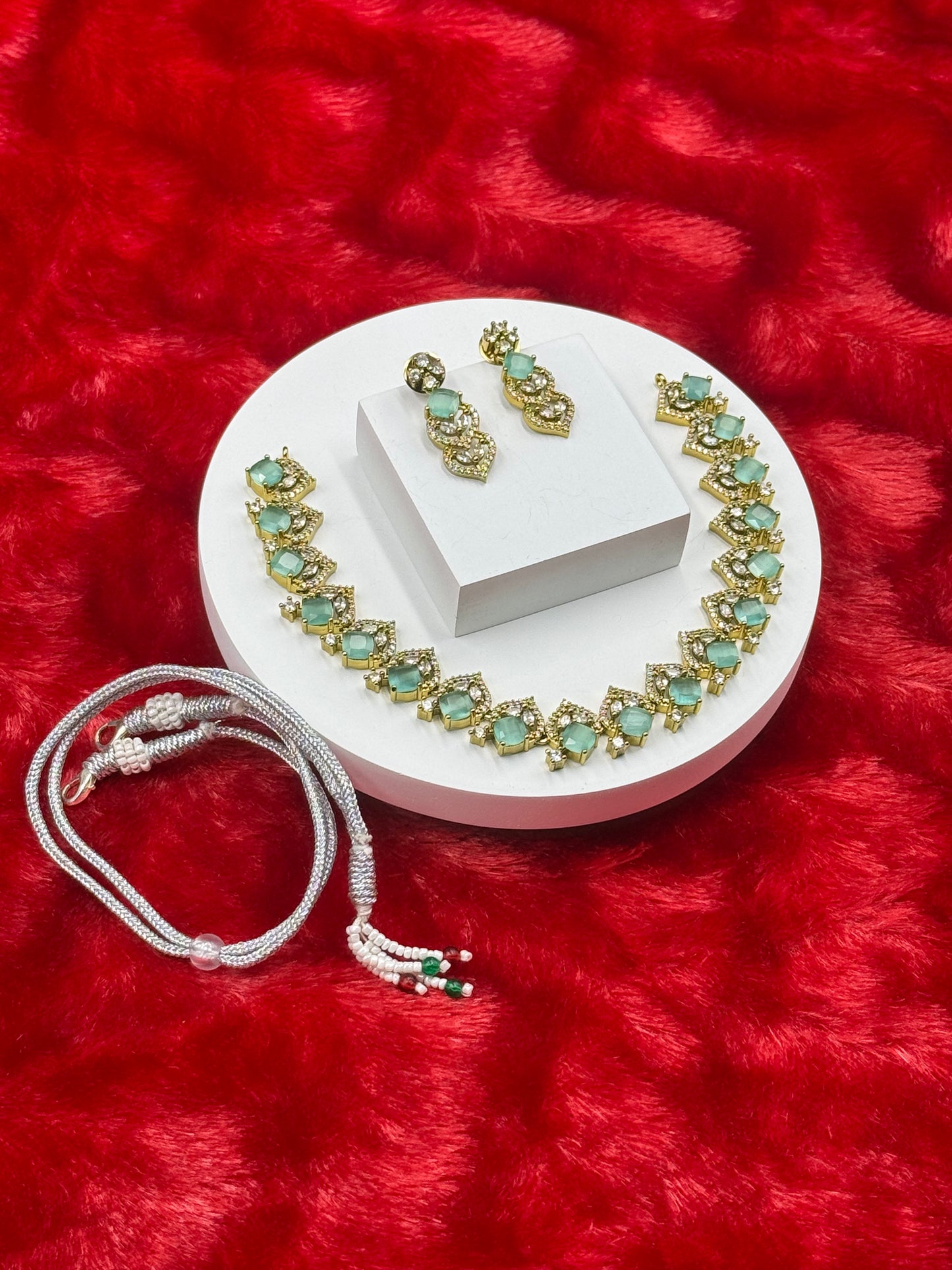 Emerald Green American Diamond Necklace Set with Earrings