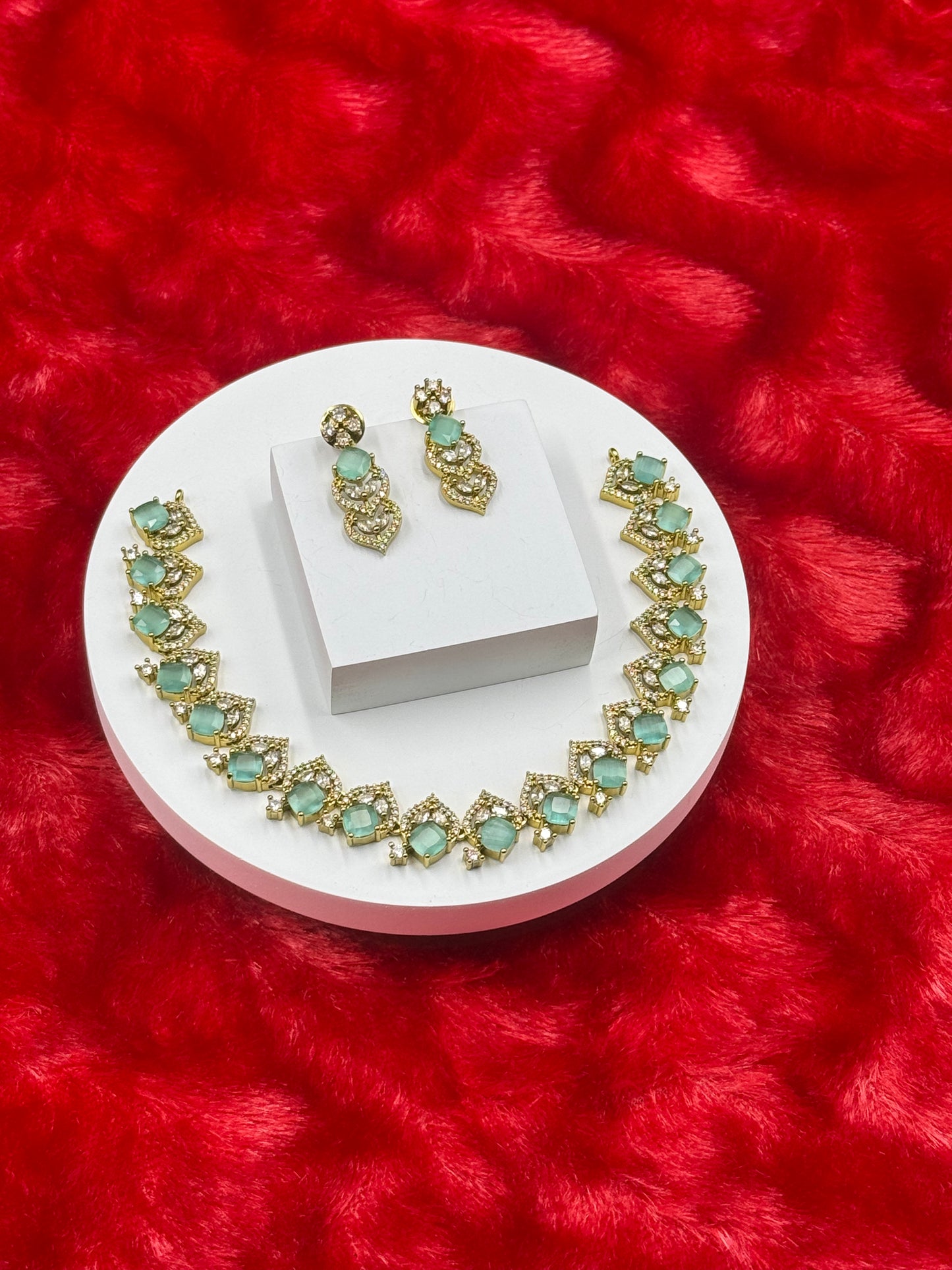 Emerald Green American Diamond Necklace Set with Earrings