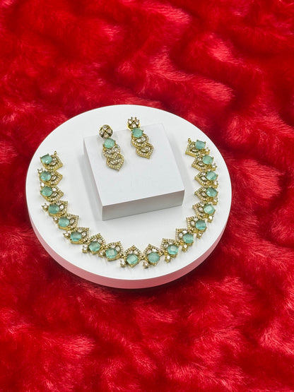 Emerald Green American Diamond Necklace Set with Earrings