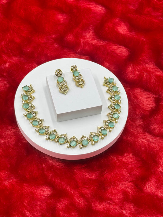 Emerald Green American Diamond Necklace Set with Earrings