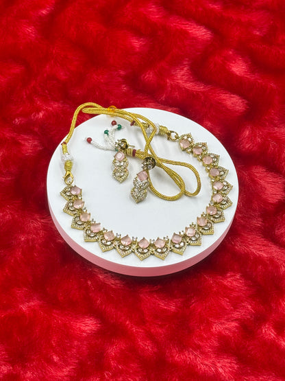Baby Pink American Diamond Necklace Set with Earrings