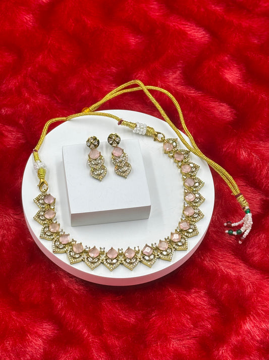 Baby Pink American Diamond Necklace Set with Earrings
