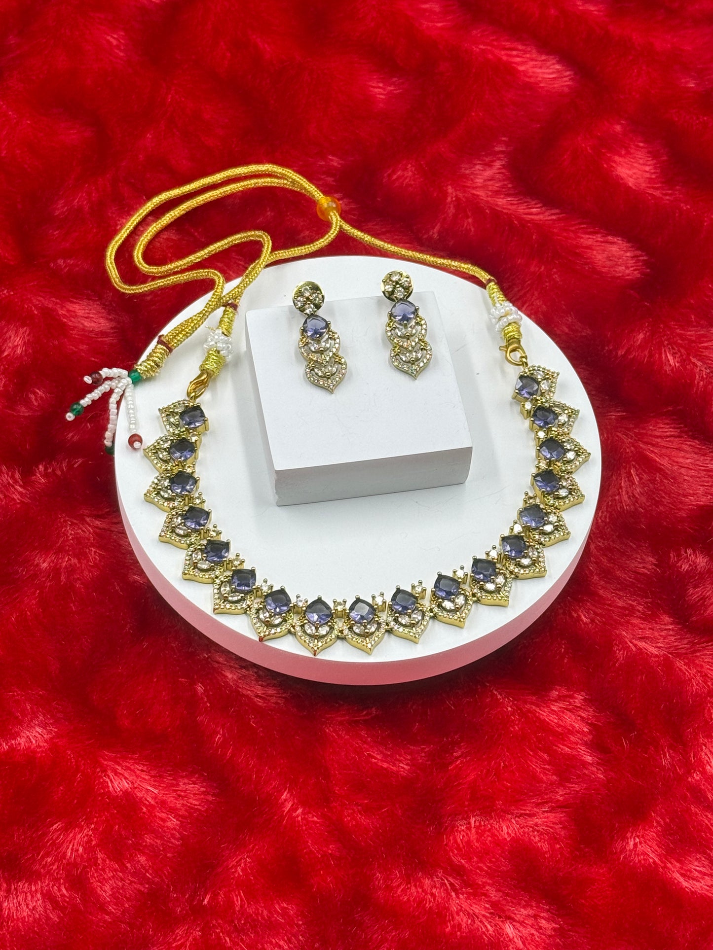 Lavender Purple American Diamond Necklace Set with Earrings