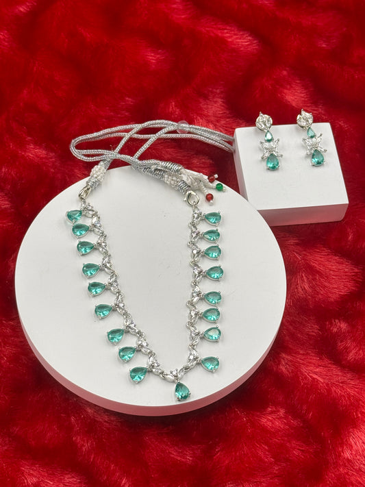 Emerald Green Teardrop American Diamond Necklace Set with Earrings