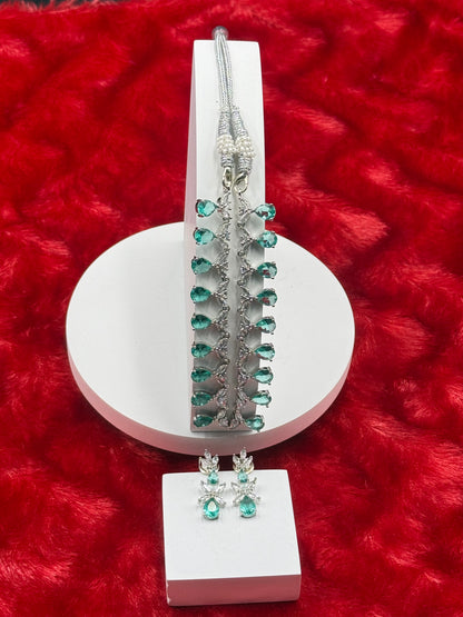 Emerald Green Teardrop American Diamond Necklace Set with Earrings