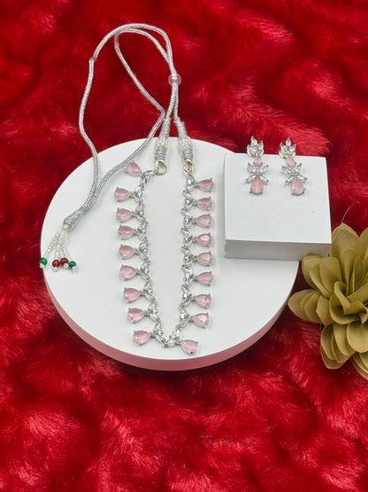 Baby Pink Teardrop American Diamond Necklace Set with Earrings