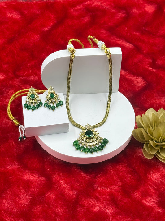 Emerald Green Temple Style Necklace Set with Earrings