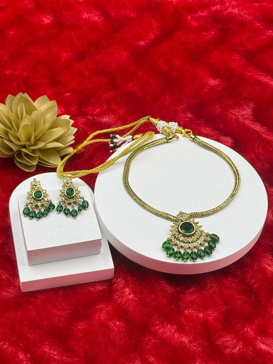 Emerald Green Temple Style Necklace Set with Earrings
