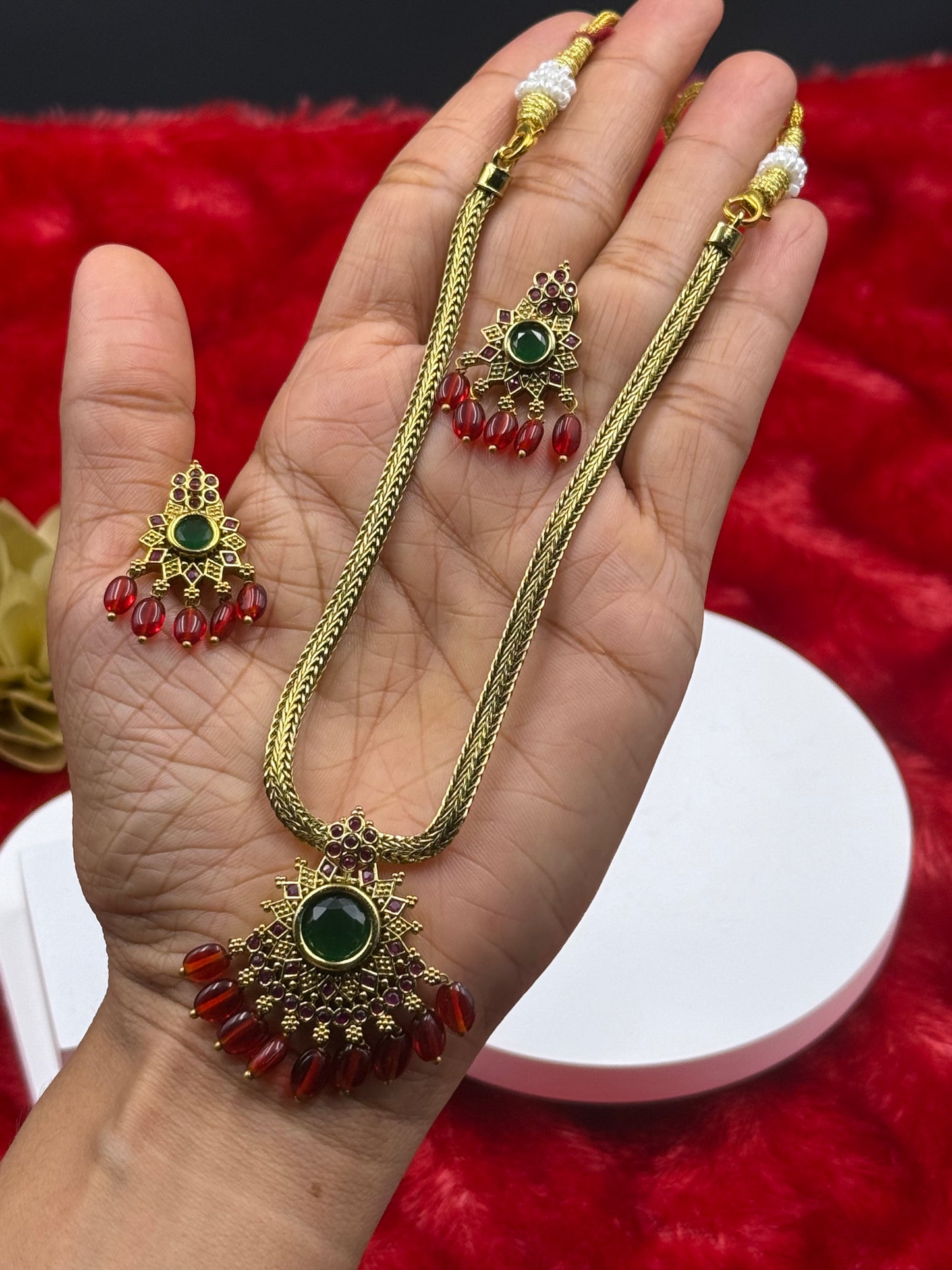 Red-Green Temple Style Necklace Set with Earrings