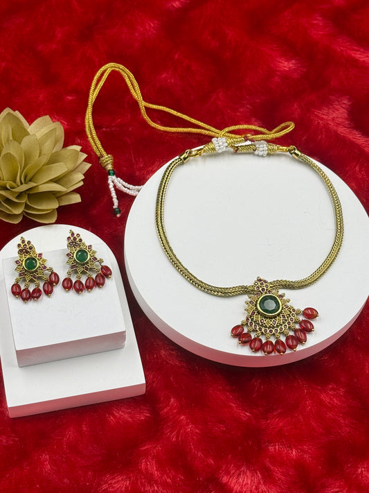 Red-Green Temple Style Necklace Set with Earrings