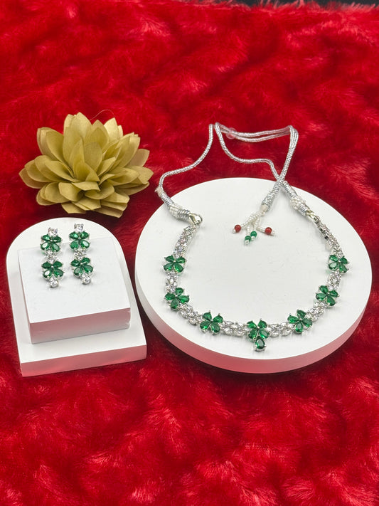 Green Floral American Diamond Necklace Set with Earrings