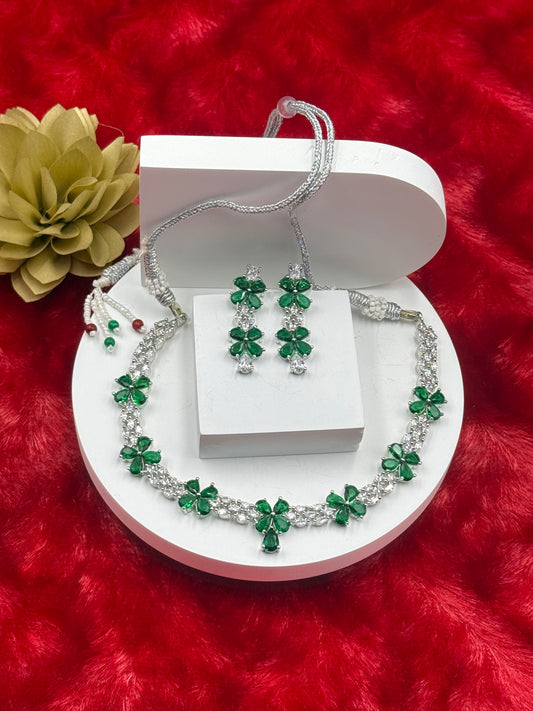 Green Floral American Diamond Necklace Set with Earrings