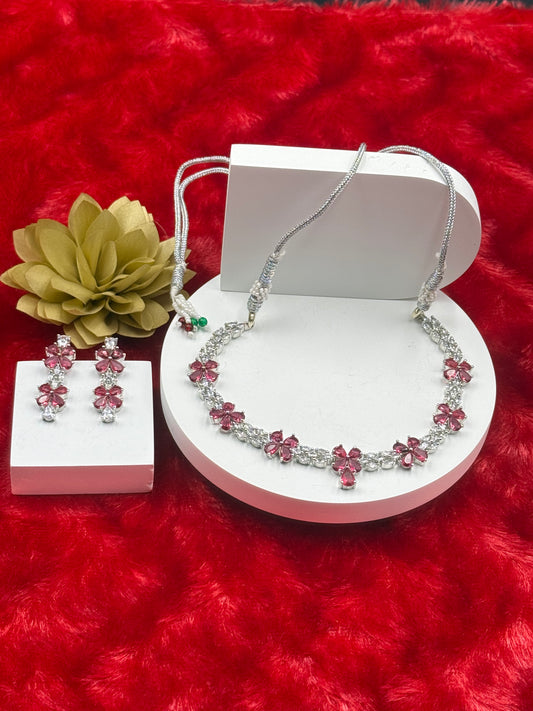Pink Floral American Diamond Necklace Set with Earrings
