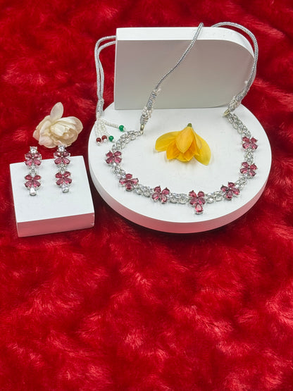 Pink Floral American Diamond Necklace Set with Earrings