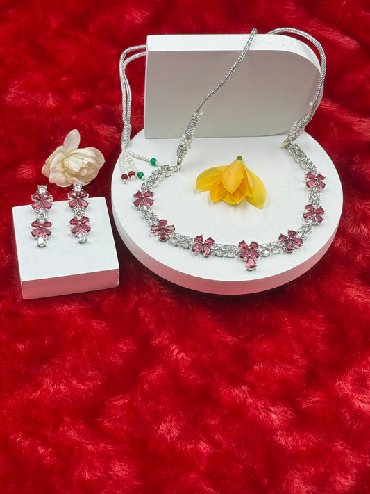 Pink Floral American Diamond Necklace Set with Earrings