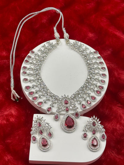 Ruby Red Bridal American Diamond Necklace Set with Earrings