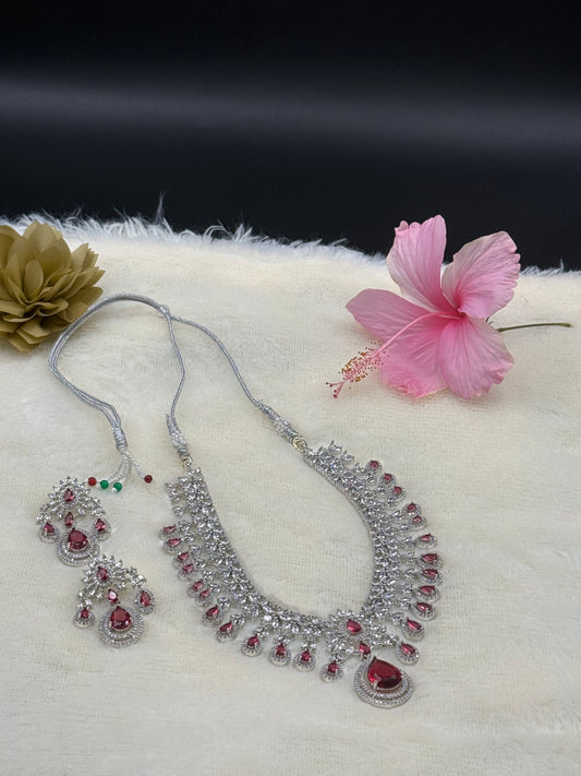 Ruby Red Bridal American Diamond Necklace Set with Earrings