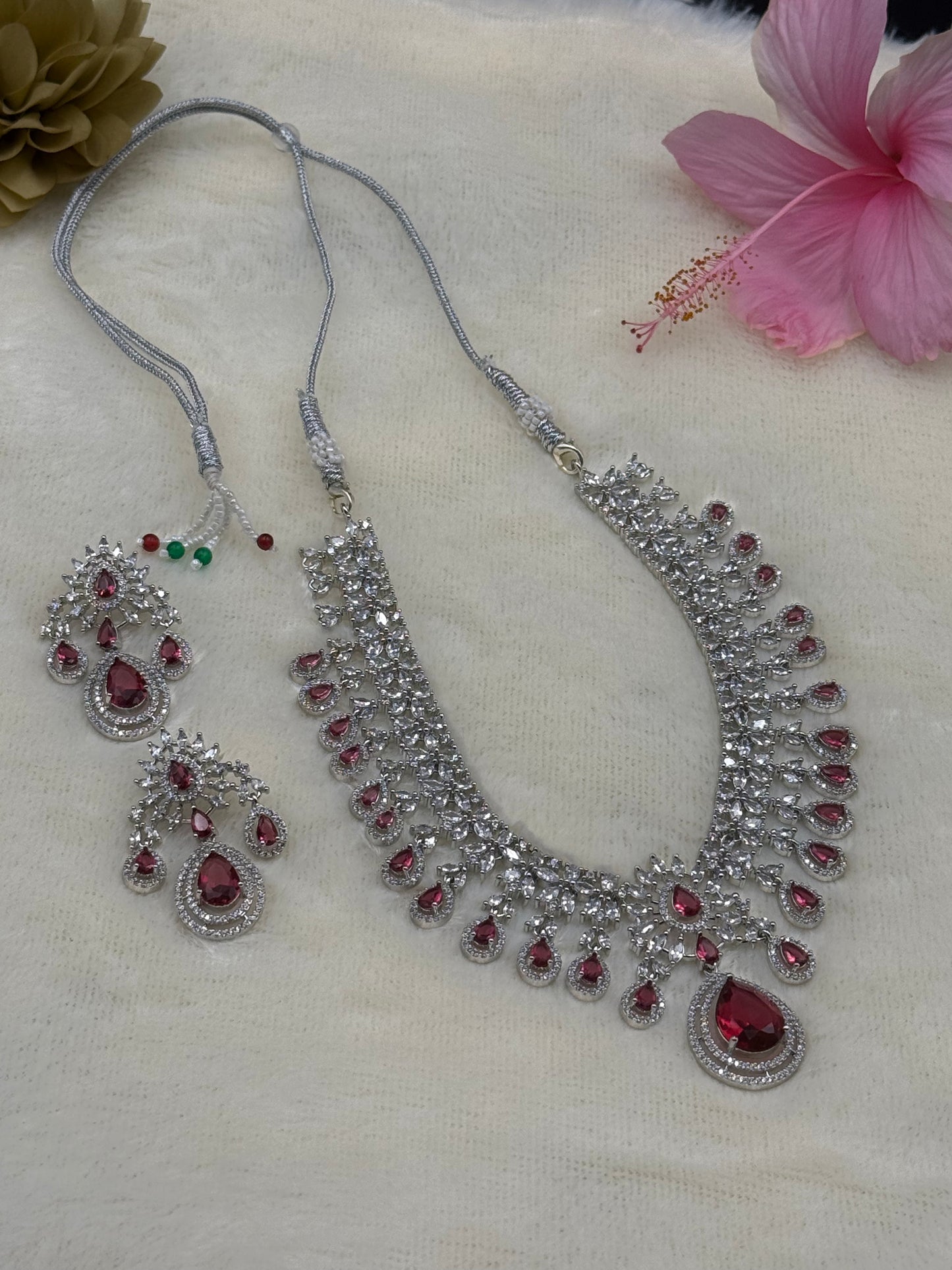 Ruby Red Bridal American Diamond Necklace Set with Earrings