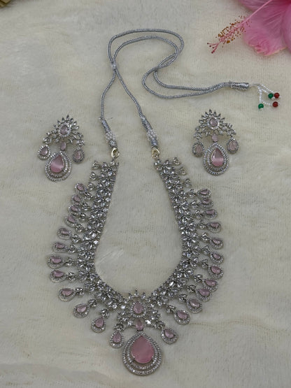 Baby Pink Bridal American Diamond Necklace Set with Earrings