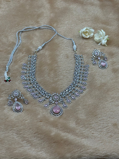 Baby Pink Bridal American Diamond Necklace Set with Earrings