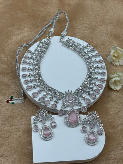Baby Pink Bridal American Diamond Necklace Set with Earrings