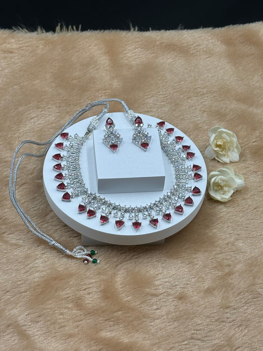 Red American Diamond Necklace Set with Earrings