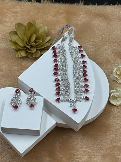 Red American Diamond Necklace Set with Earrings