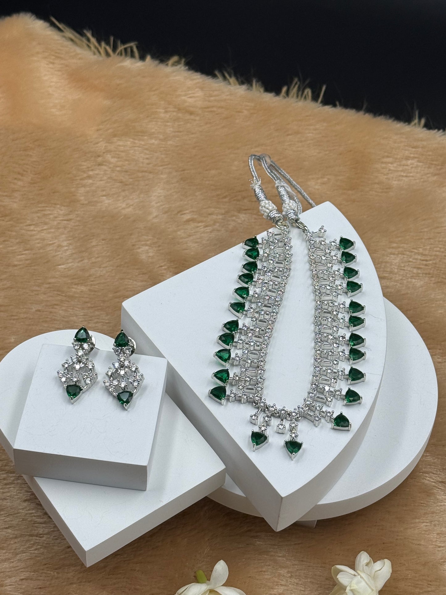 Green American Diamond Necklace Set with Earrings