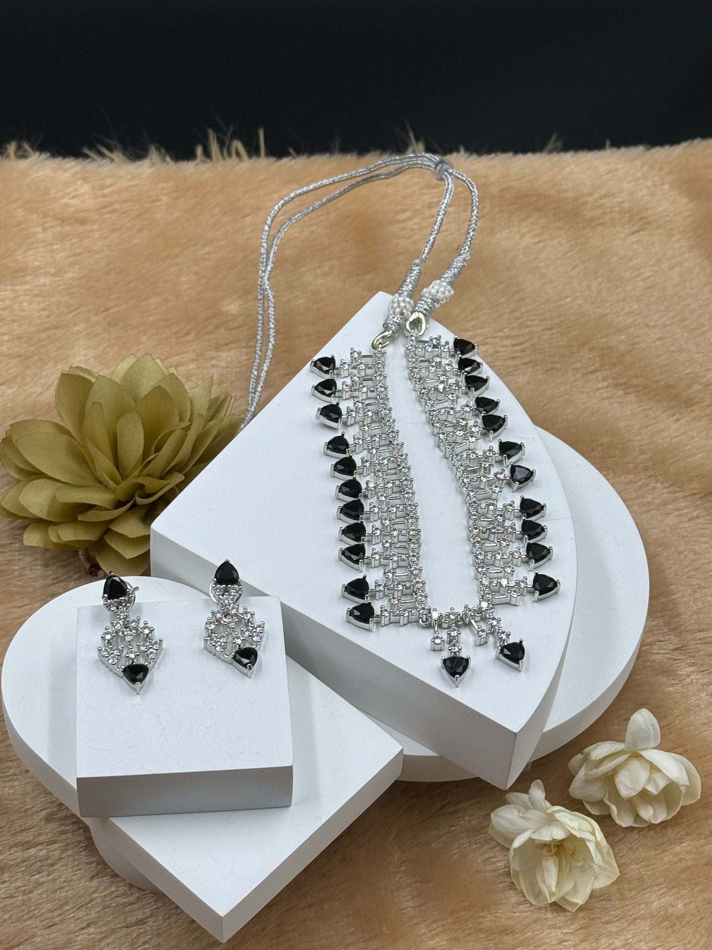Black American Diamond Necklace Set with Earrings