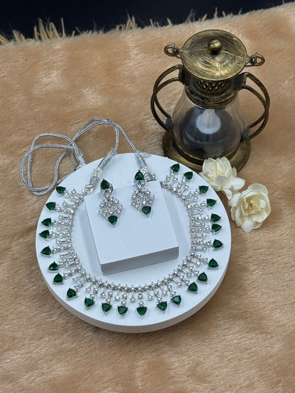 Green American Diamond Necklace Set with Earrings