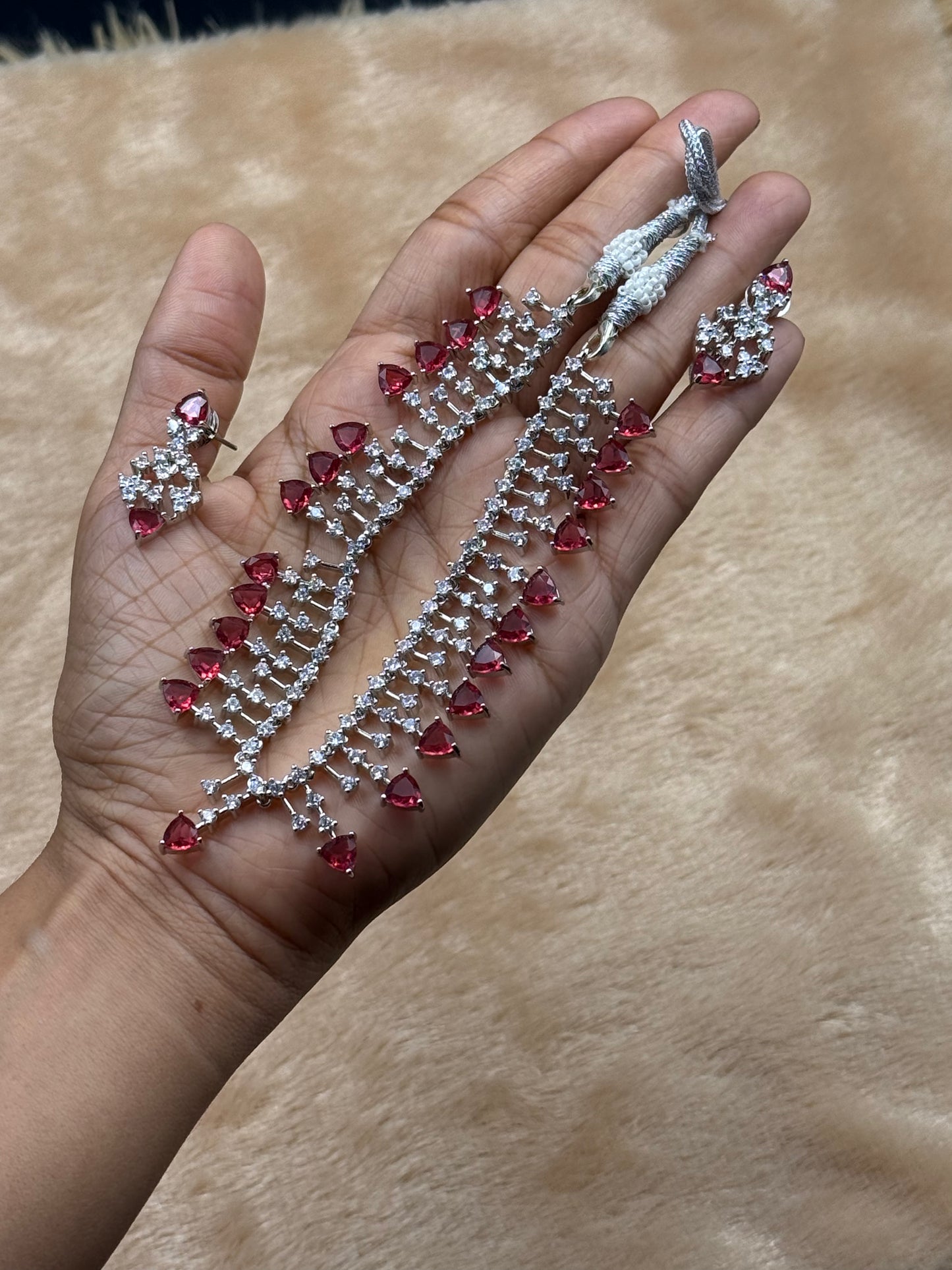 Red American Diamond Necklace Set with Earrings