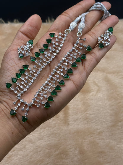 Green American Diamond Necklace Set with Earrings